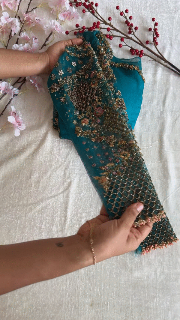 Regal Teal Gold Hand-Embroidered Net Dupatta - Image 2