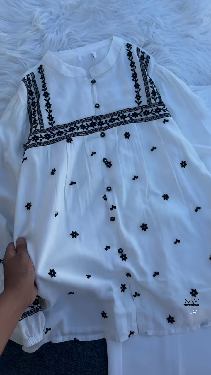 White Floral Embroidered Kurta Set with Wide-Leg Trousers – Elegant Indo-Western Fusion for Everyday Grace - Image 3