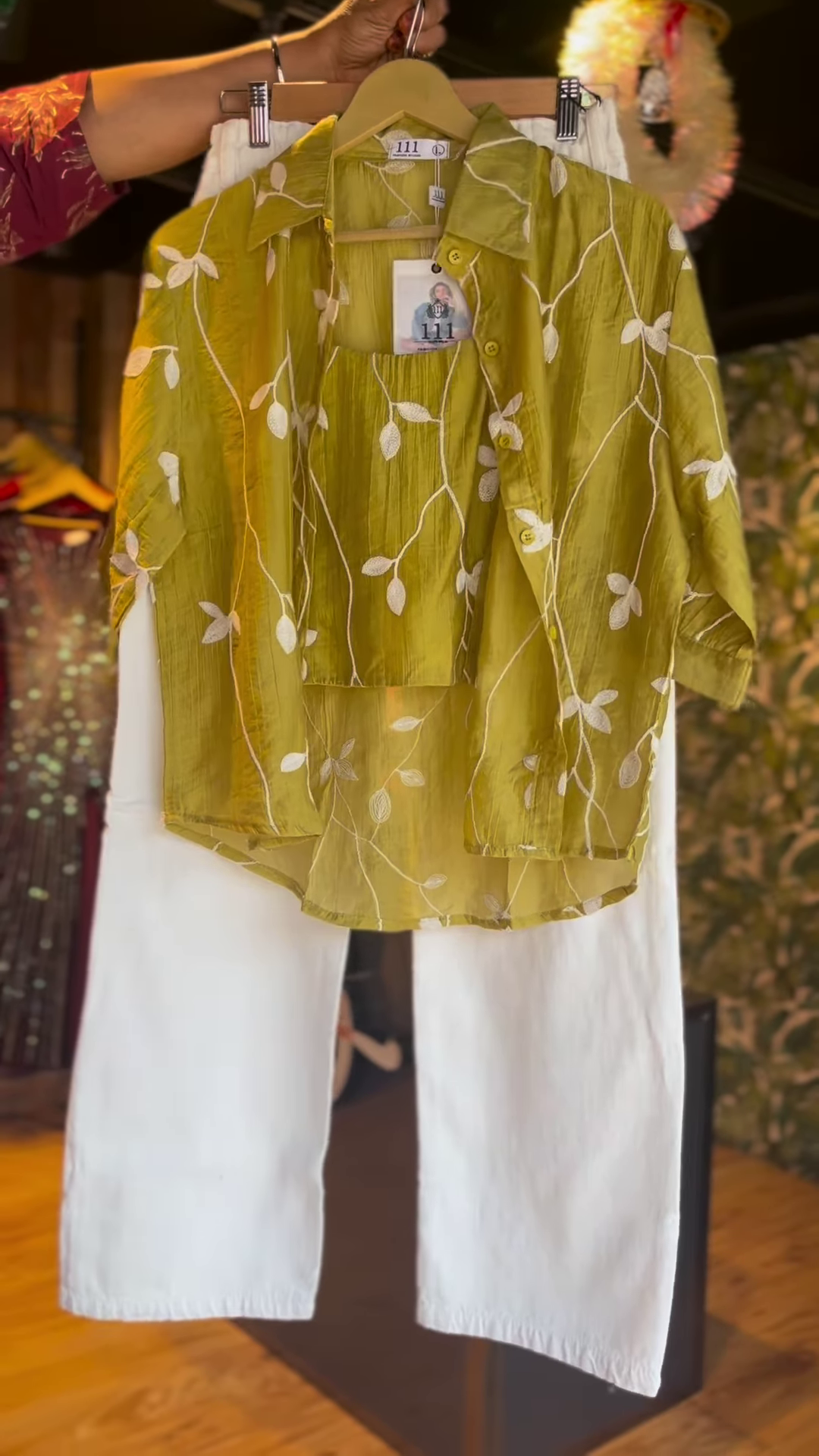 Chic Olive Green Leaf Embroidered Co-ord Set with Crop Top & Trousers - Women's Stylish Outfit