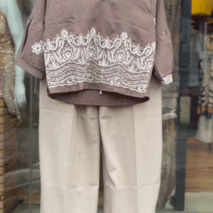 Elegant Taupe Co-ord Set with White Embroidered Details - Women's Casual Chic Outfit