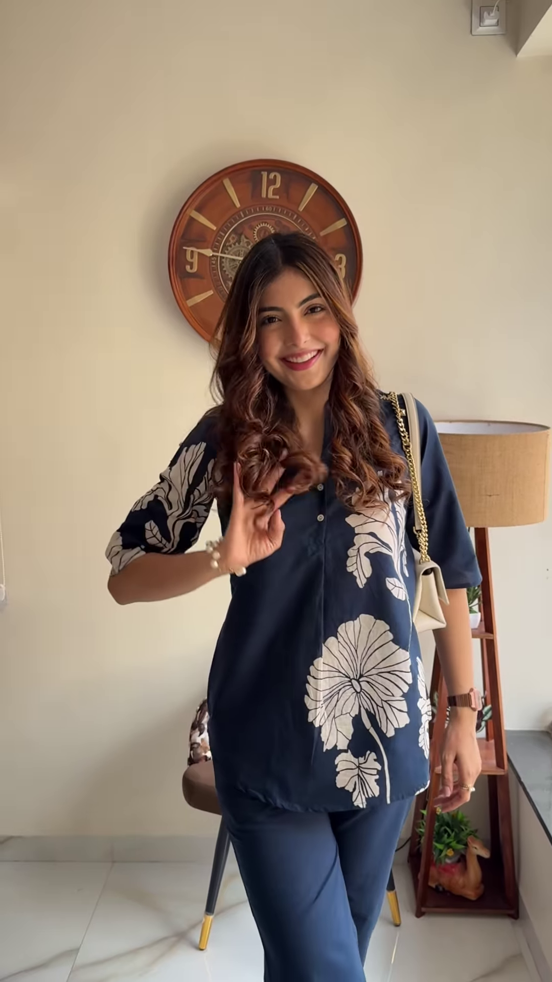 Elegant Navy Blue Floral Print Co-ord Set - Stylish Women's Top and Trousers Outfit - Image 2