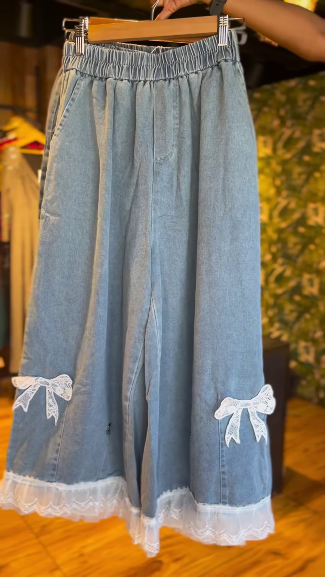 Playful Denim Wide-Leg Trousers with Colorful Flower Appliques & Lace Trim - Women's Unique Bottoms - Image 2