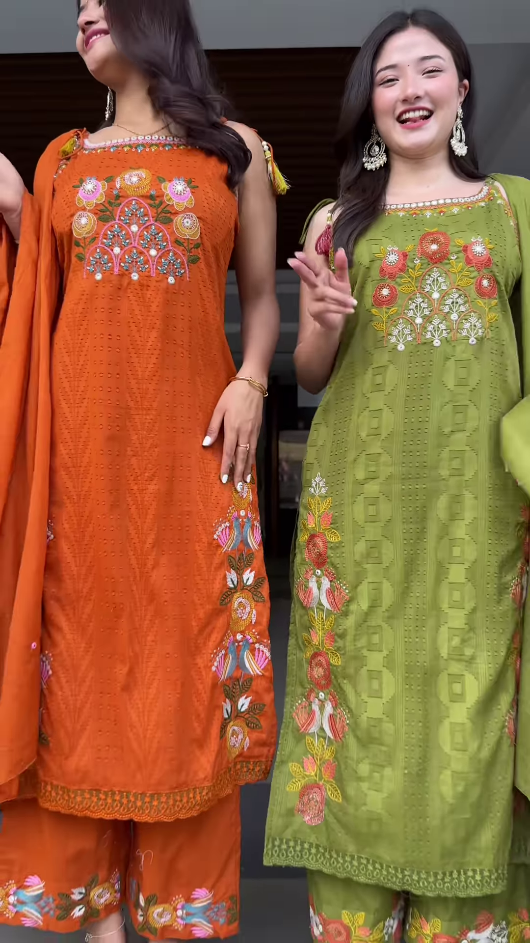 Vibrant Embroidered Ethnic Sets for Women - Orange & Olive Green Festive Wear - Image 3