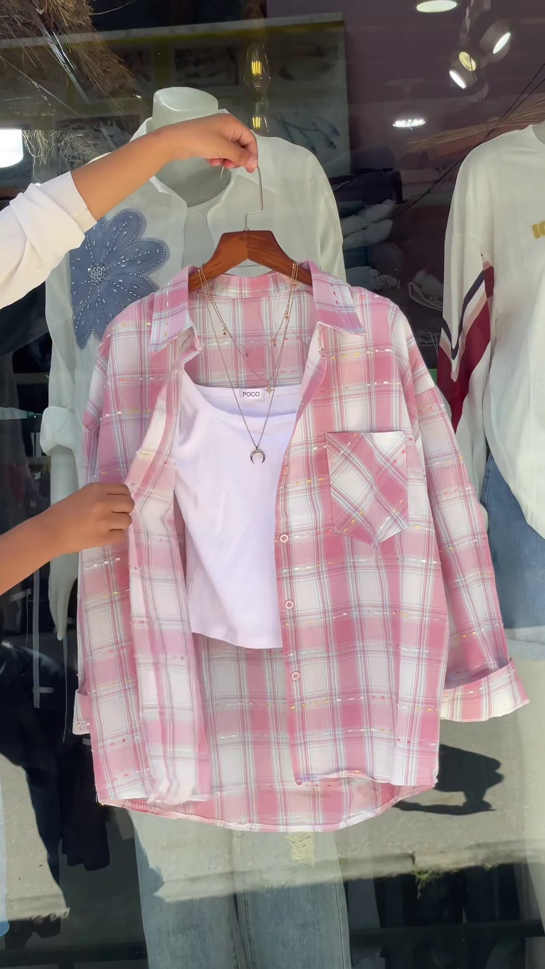 Women’s Pink & White Checkered Overshirt with White Tank Layer – Casual Street Style with Celestial Necklace Accent