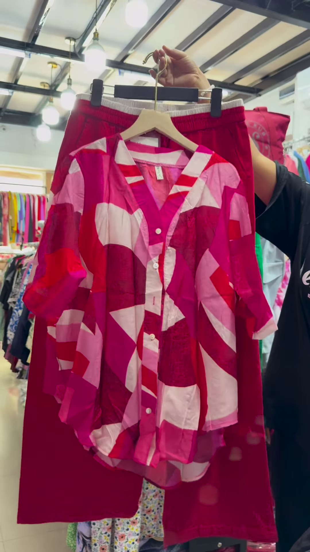 Unisex Geometric Print Button-Up Shirt with Solid Green Skirt – Contemporary Streetwear Fusion - Image 7