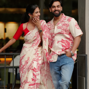 Couple’s Coordinated Ethnic Ensemble – White & Red Printed Saree with Matching Shirt and Jeans