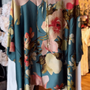 Women’s Teal Floral Tie-Neck Blouse with White Pants – Vibrant Boutique-Style Casualwear