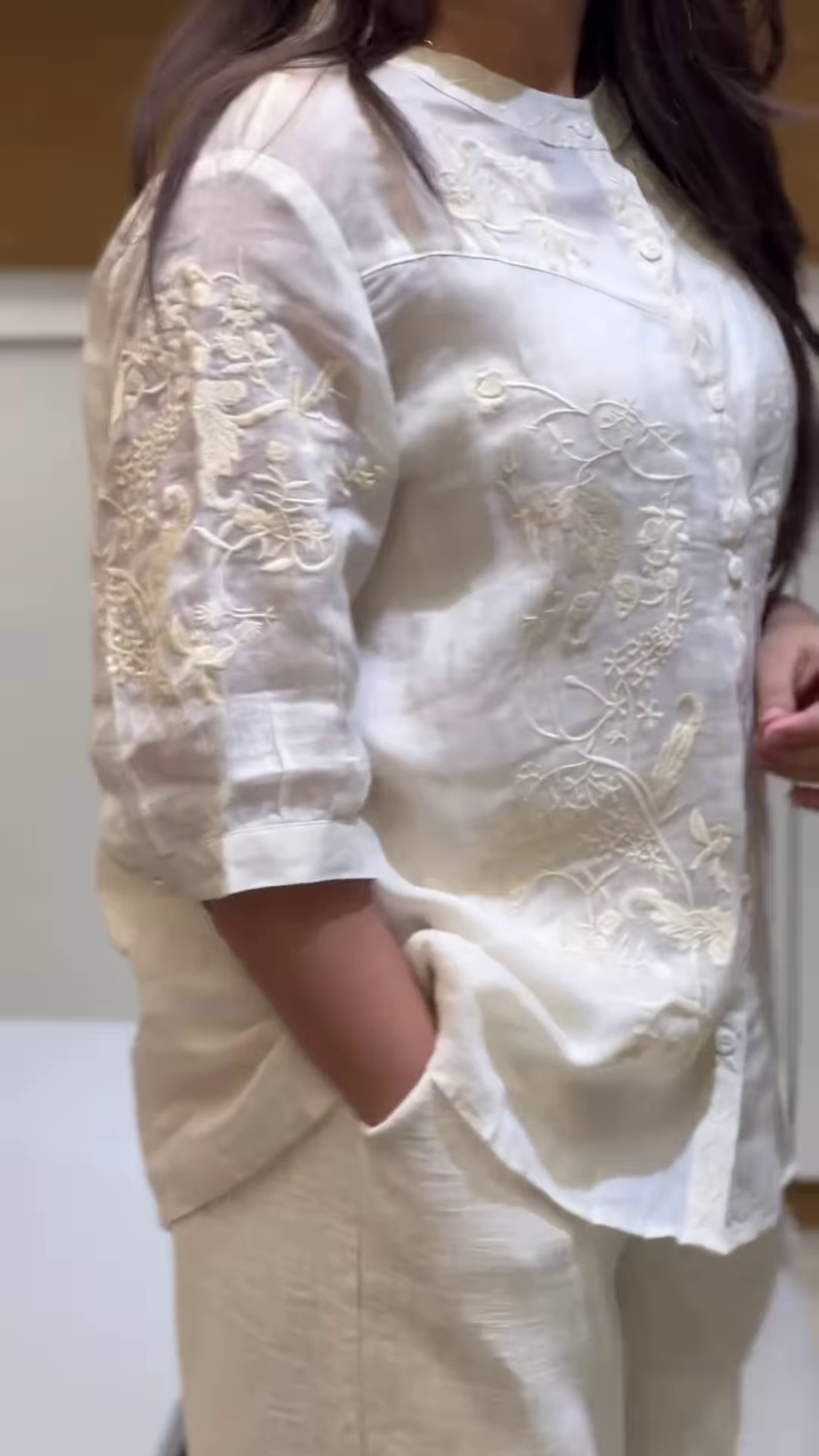 Embroidered Ivory Mandarin Collar Shirt with Matching Trousers – Lightweight Ethnic Summerwear - Image 4