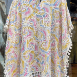 Women’s Pastel Tie-Dye Poncho Top with Lace Embroidery & Tassel Hem – Boho Resort-Ready Fashion