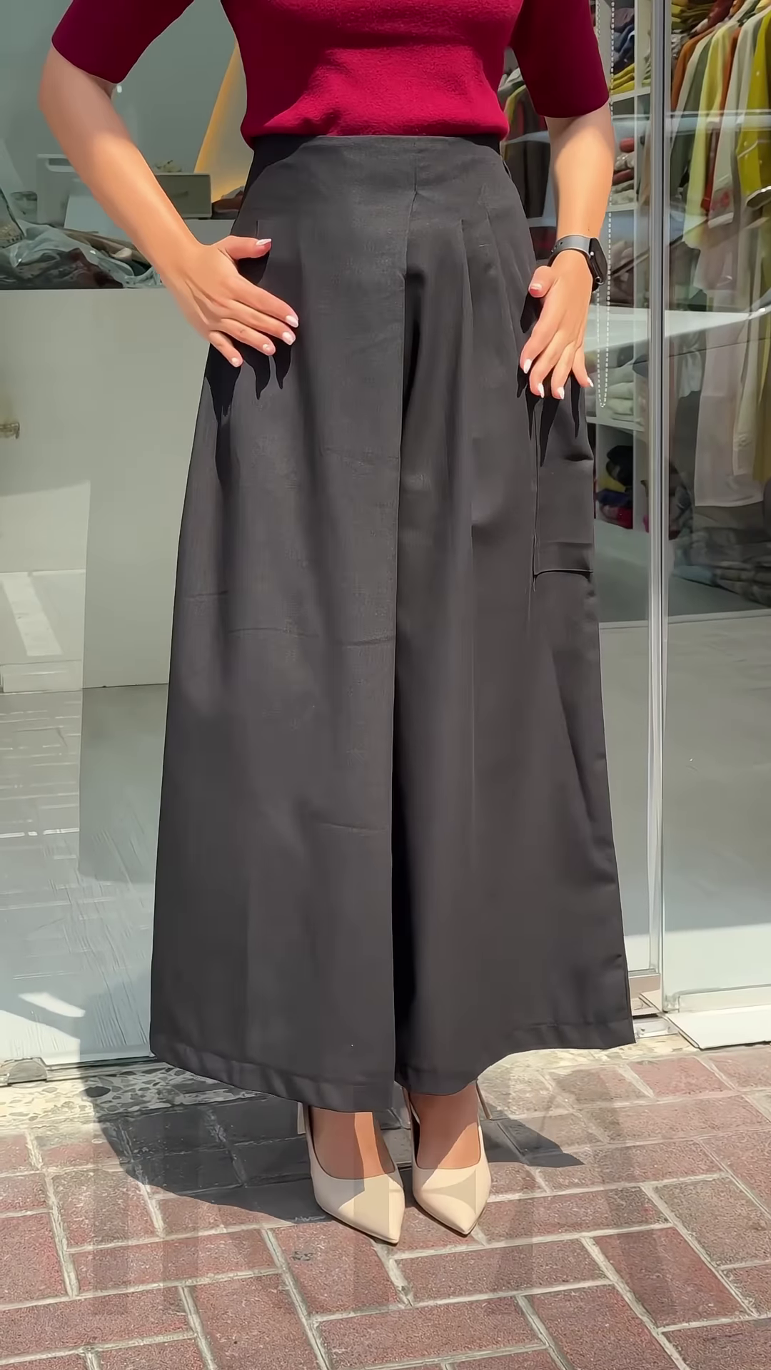 Women’s Mustard Short Sleeve T-Shirt with White Wide-Leg Pants – Minimalist Streetwear Look - Image 2