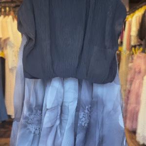 Women’s Black Textured Top with Gray Floral Sheer Skirt – Contemporary Boutique Layered Look