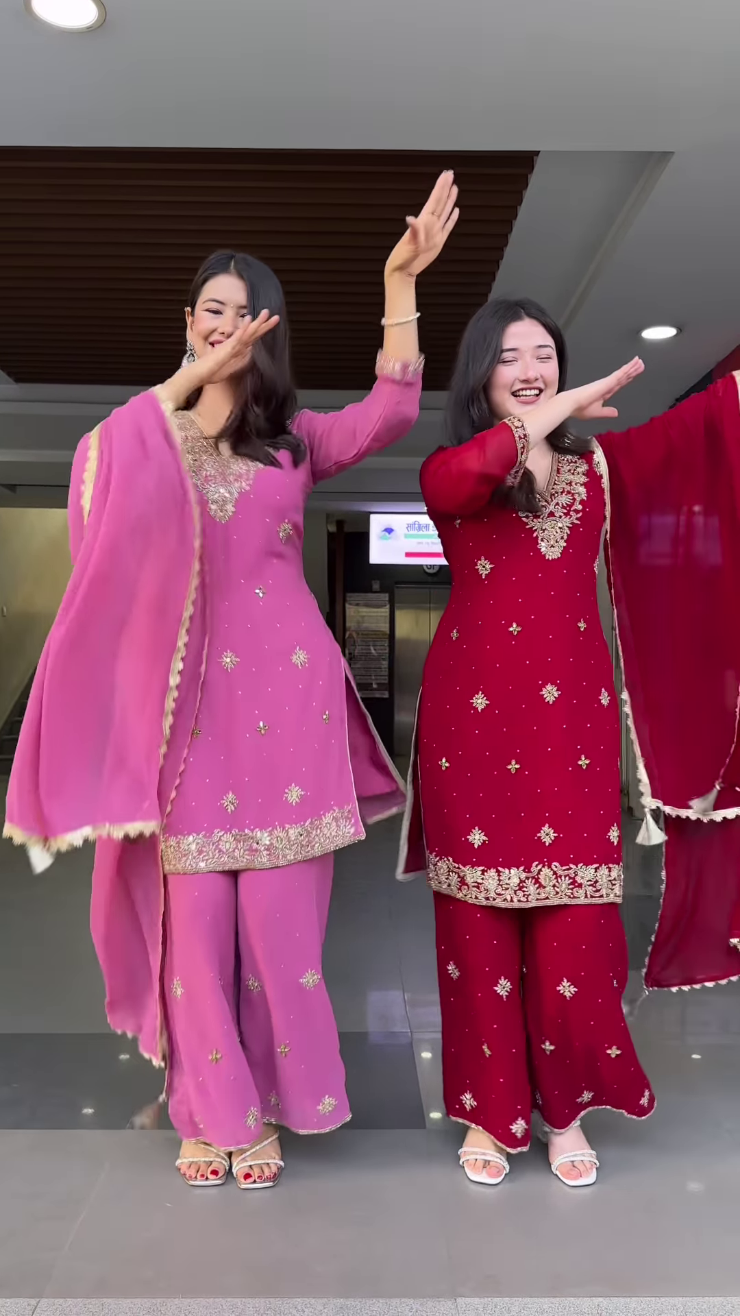 Couple’s Coordinated Embroidered Kurta Set – Pink & Red Traditional Ethnicwear with Dupattas - Image 3