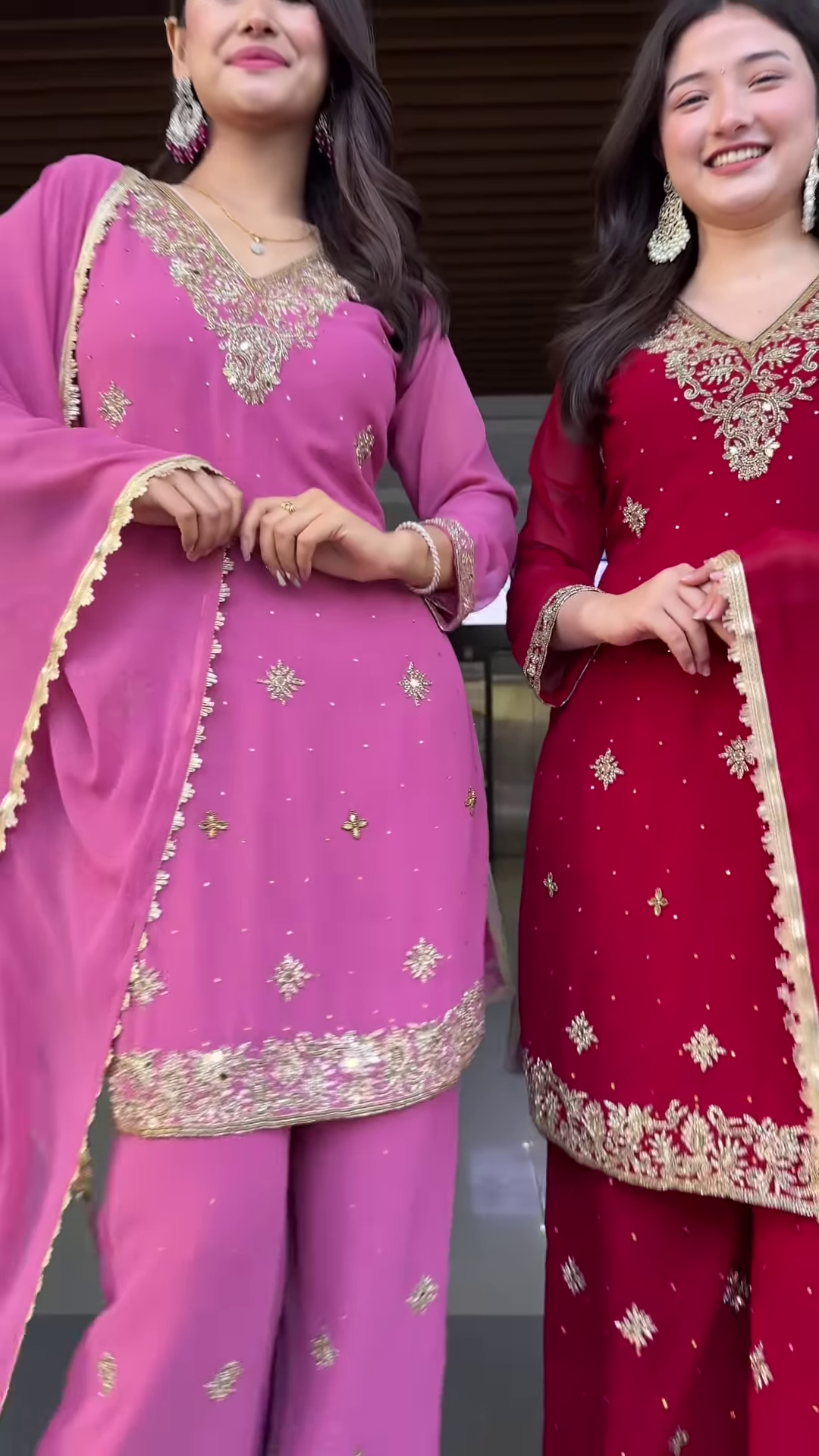 Couple’s Coordinated Embroidered Kurta Set – Pink & Red Traditional Ethnicwear with Dupattas - Image 2