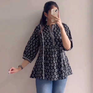 Women’s Black Short Kurti with White Threadwork & Light Blue Jeans – Casual Ethnic Streetwear Edit