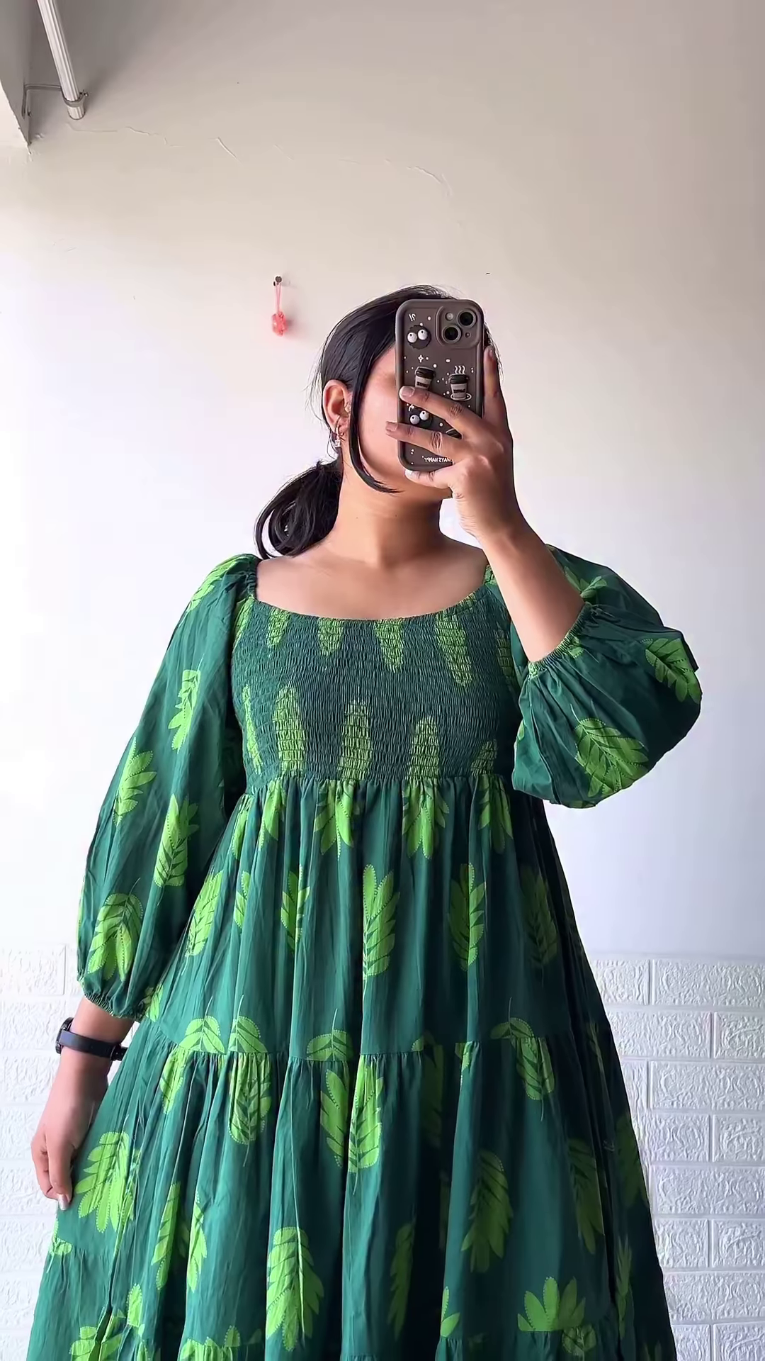 Women’s Leaf-Print Green Maxi Dress with Smocked Bodice and Tiered Skirt – Elegant Casualwear from Summer Portrait Series - Image 6