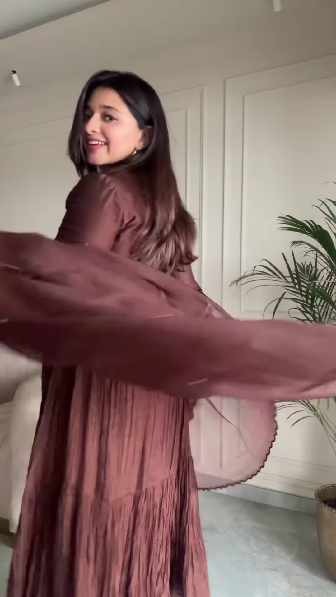 Women’s Brown Floral Embroidered Maxi Dress with Pleated Skirt – Elegant Indo-Western Casualwear - Image 3