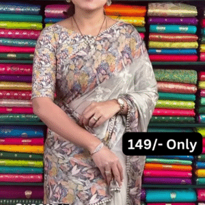 Women’s Floral-Patterned Beige Saree with White Embroidered Pallu