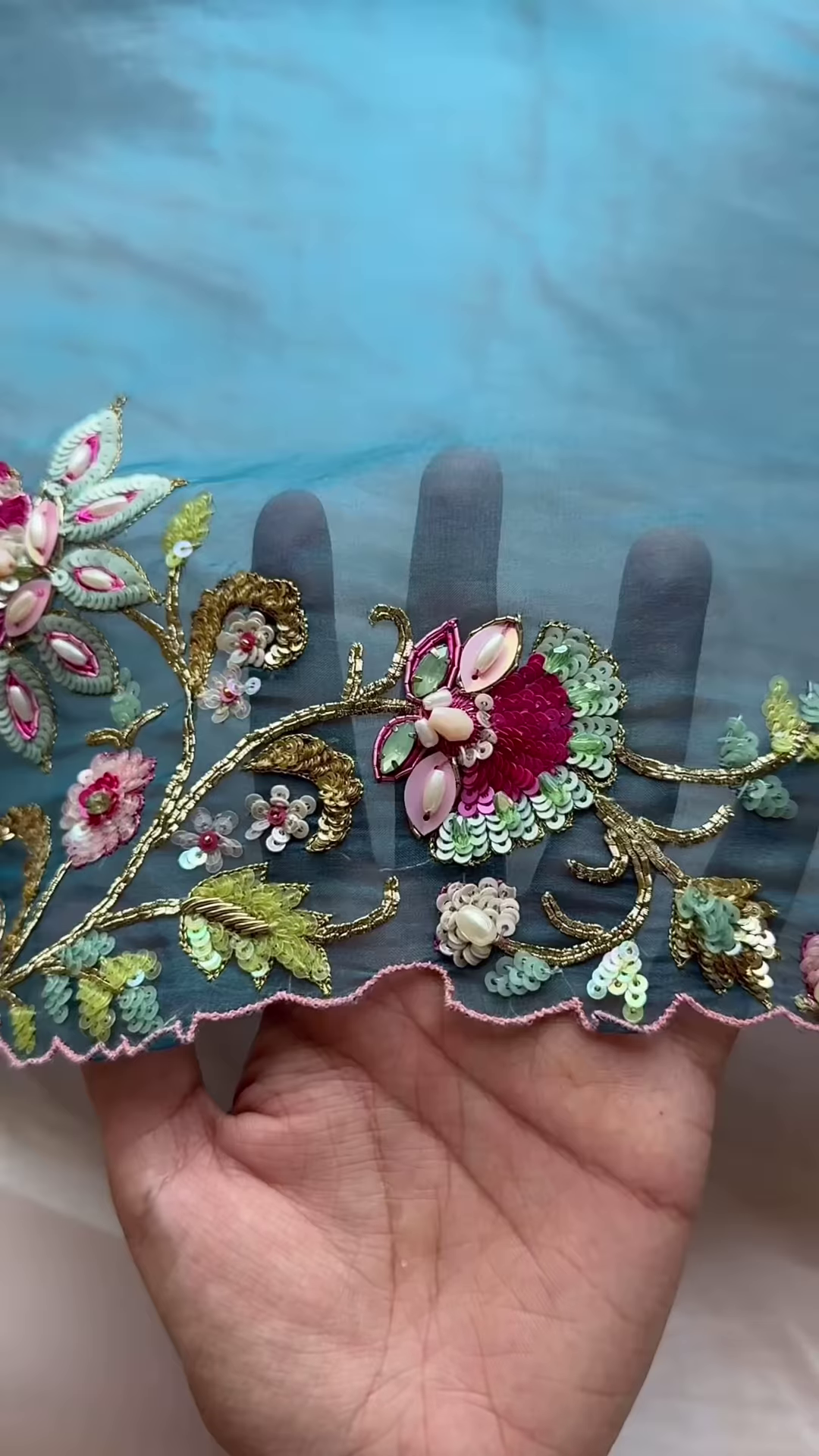 Dual-Toned Embroidered Sheer Fabric Panel with Sequins & Floral Motifs – Pink & Blue Textile for Occasionwear Drapes & Fusion Tailoring - Image 2