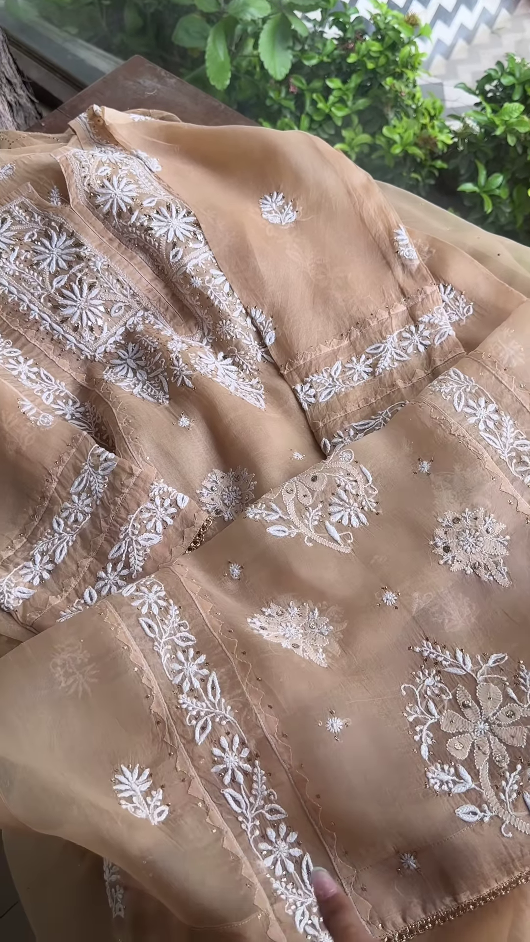 Beige Sheer Embroidered Fabric Panel with White Floral Motifs & Sequin Accents – Ethnicwear Material - Image 2