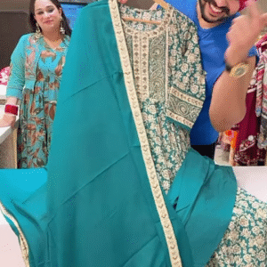 Women’s Teal Embroidered Long Kurti with Beige Floral & Paisley Motifs – Ethnicwear Portrait Piece for Seasonal Styling