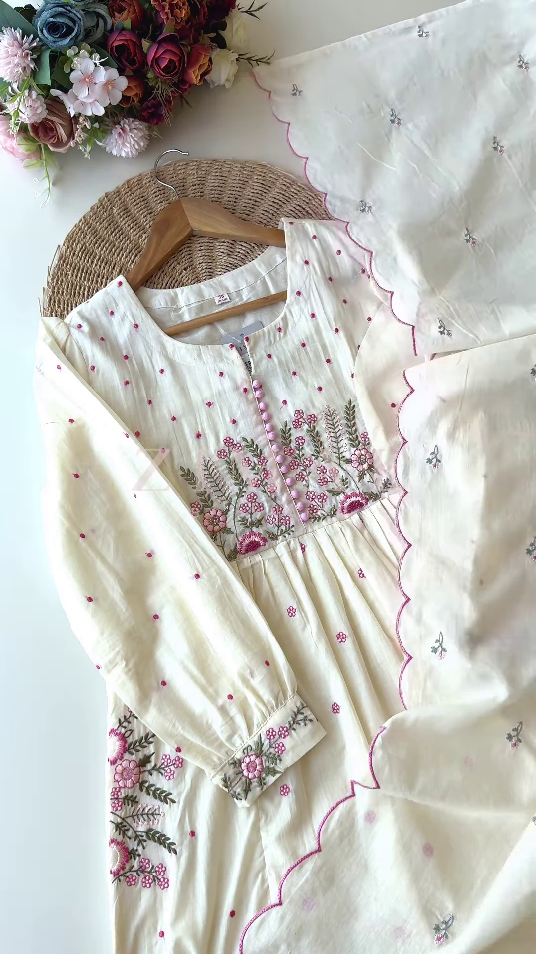 Women’s Light Green Floral Embroidered Long Kurti – Pastel Ethnicwear with White-Pink Motifs & Sleeve Detailing - Image 2