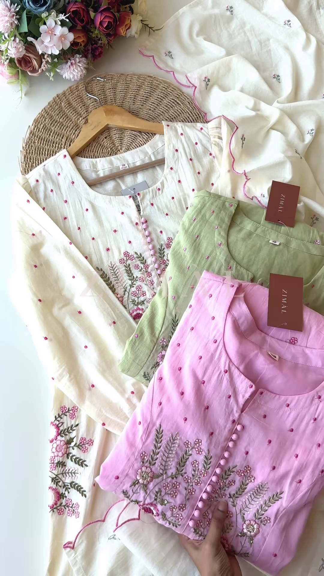 Women’s Light Green Floral Embroidered Long Kurti – Pastel Ethnicwear with White-Pink Motifs & Sleeve Detailing - Image 10