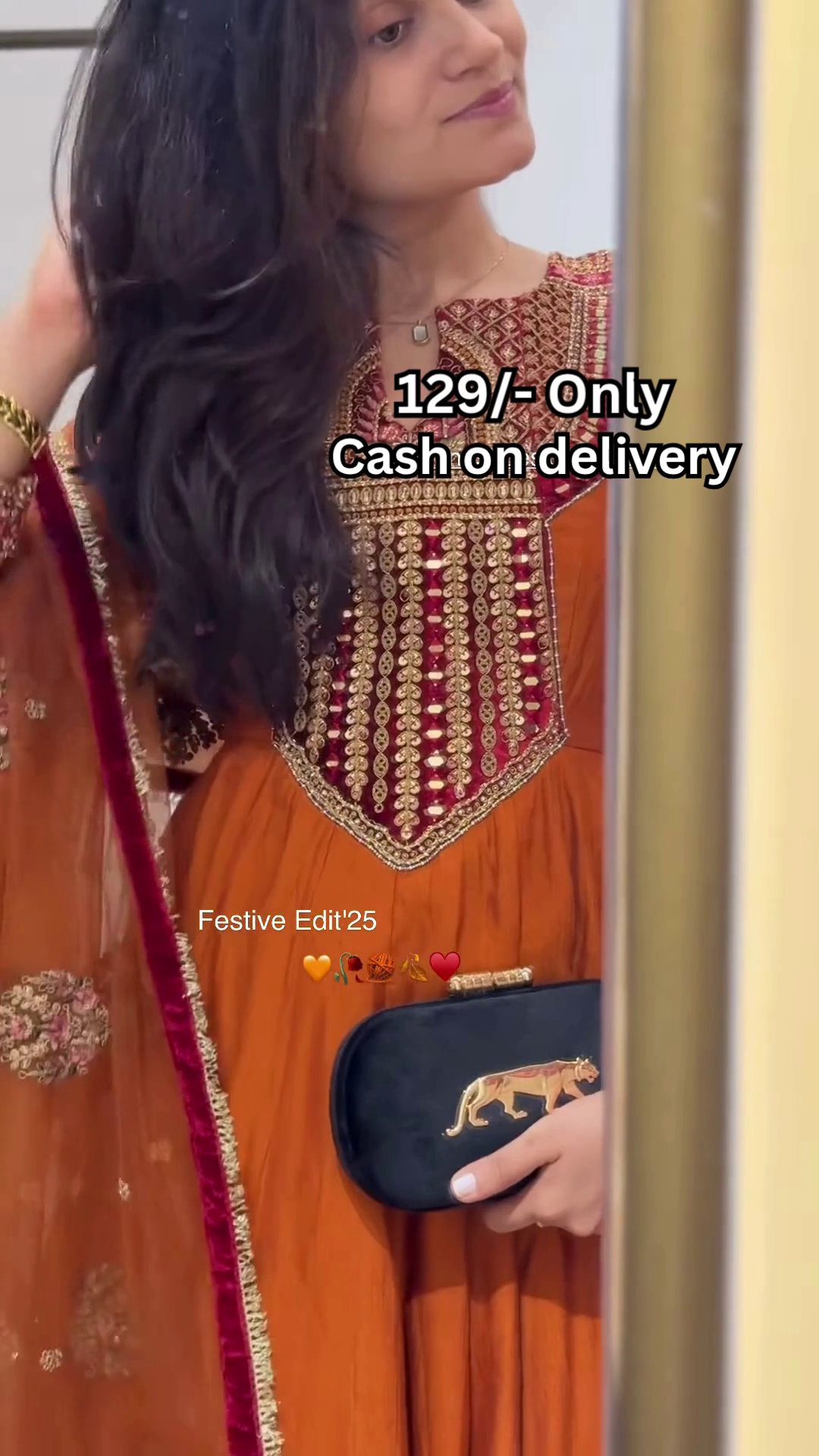 Women’s Orange Embroidered Kurti with Gold & Red Threadwork – Festive Ethnicwear Styled with Black Clutch Accessory - Image 5