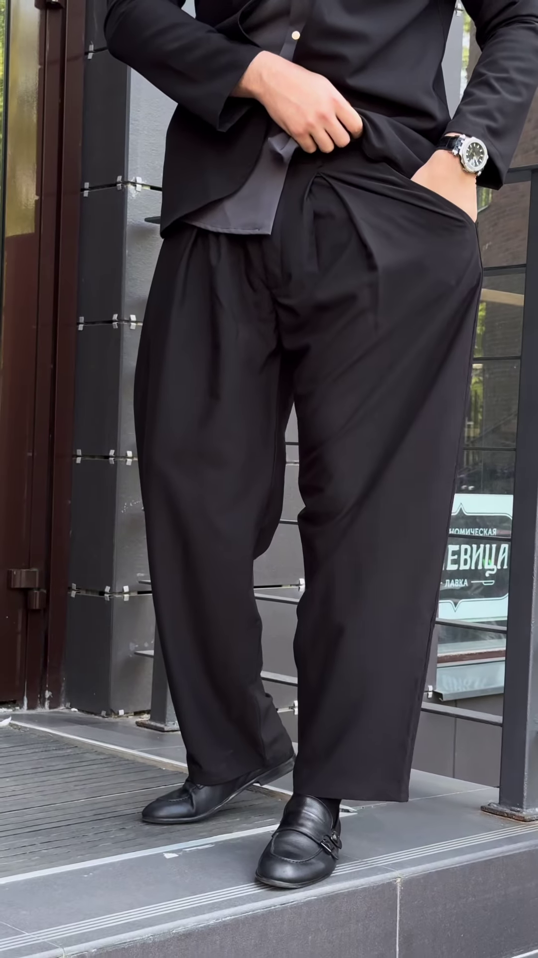 Men’s Black Stretchable Button-Up Shirt with Gray Pants – Comfort-Fit Ethnic Fusion Ensemble for Everyday Styling - Image 7