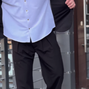 Men’s Black Stretchable Button-Up Shirt with Gray Pants – Comfort-Fit Ethnic Fusion Ensemble for Everyday Styling