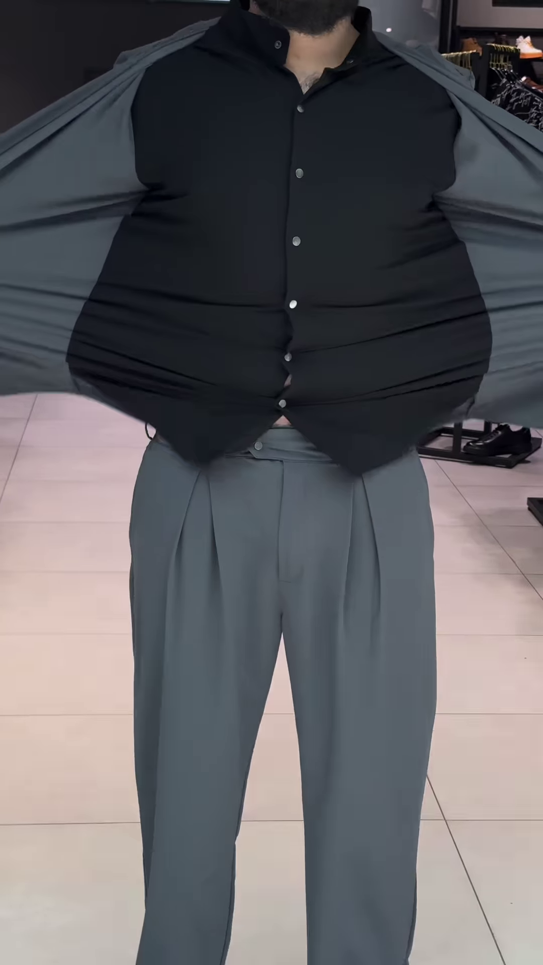 Men’s Black Stretchable Button-Up Shirt with Gray Pants – Comfort-Fit Ethnic Fusion Ensemble for Everyday Styling - Image 5