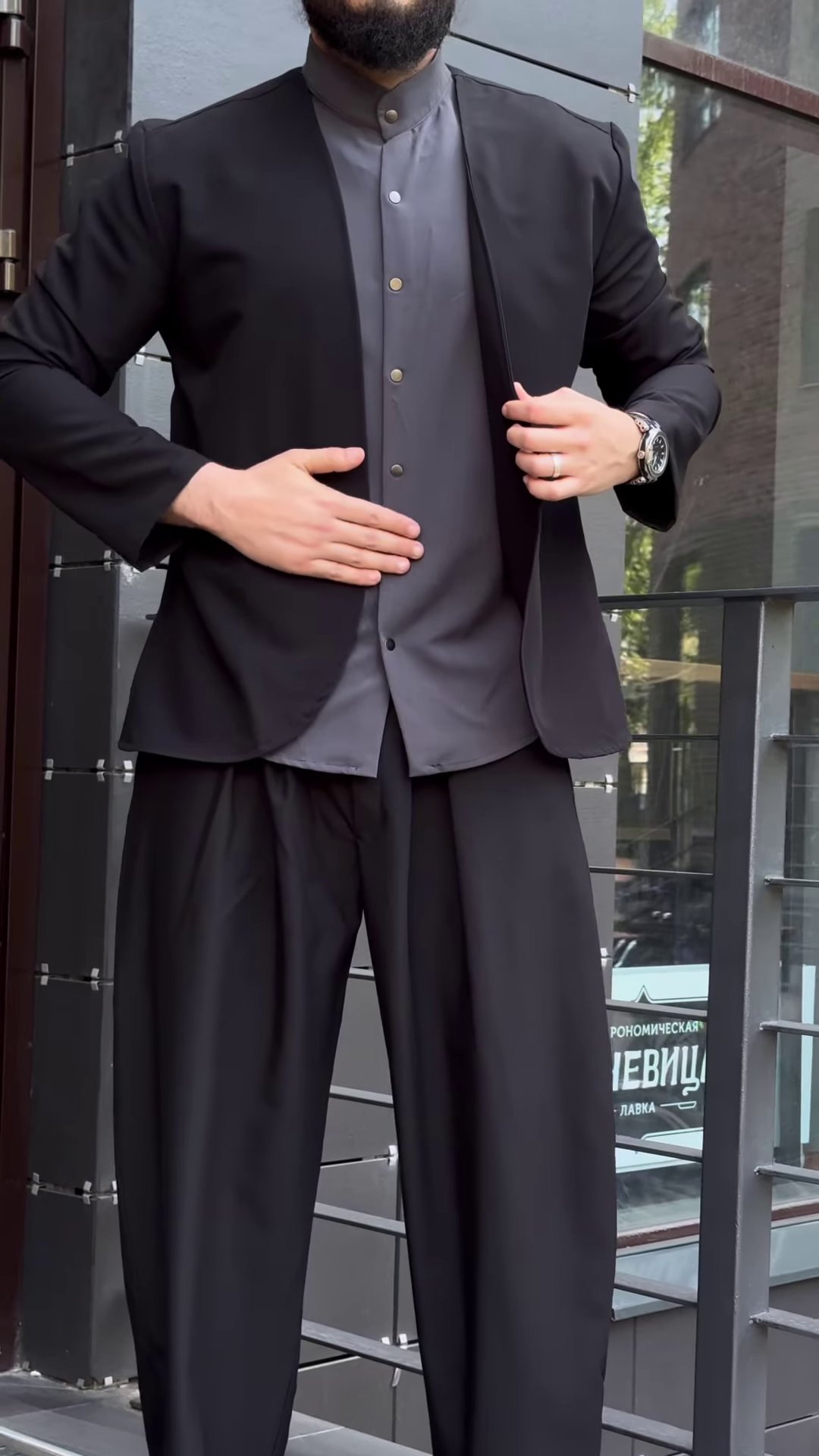 Men’s Black Stretchable Button-Up Shirt with Gray Pants – Comfort-Fit Ethnic Fusion Ensemble for Everyday Styling - Image 4