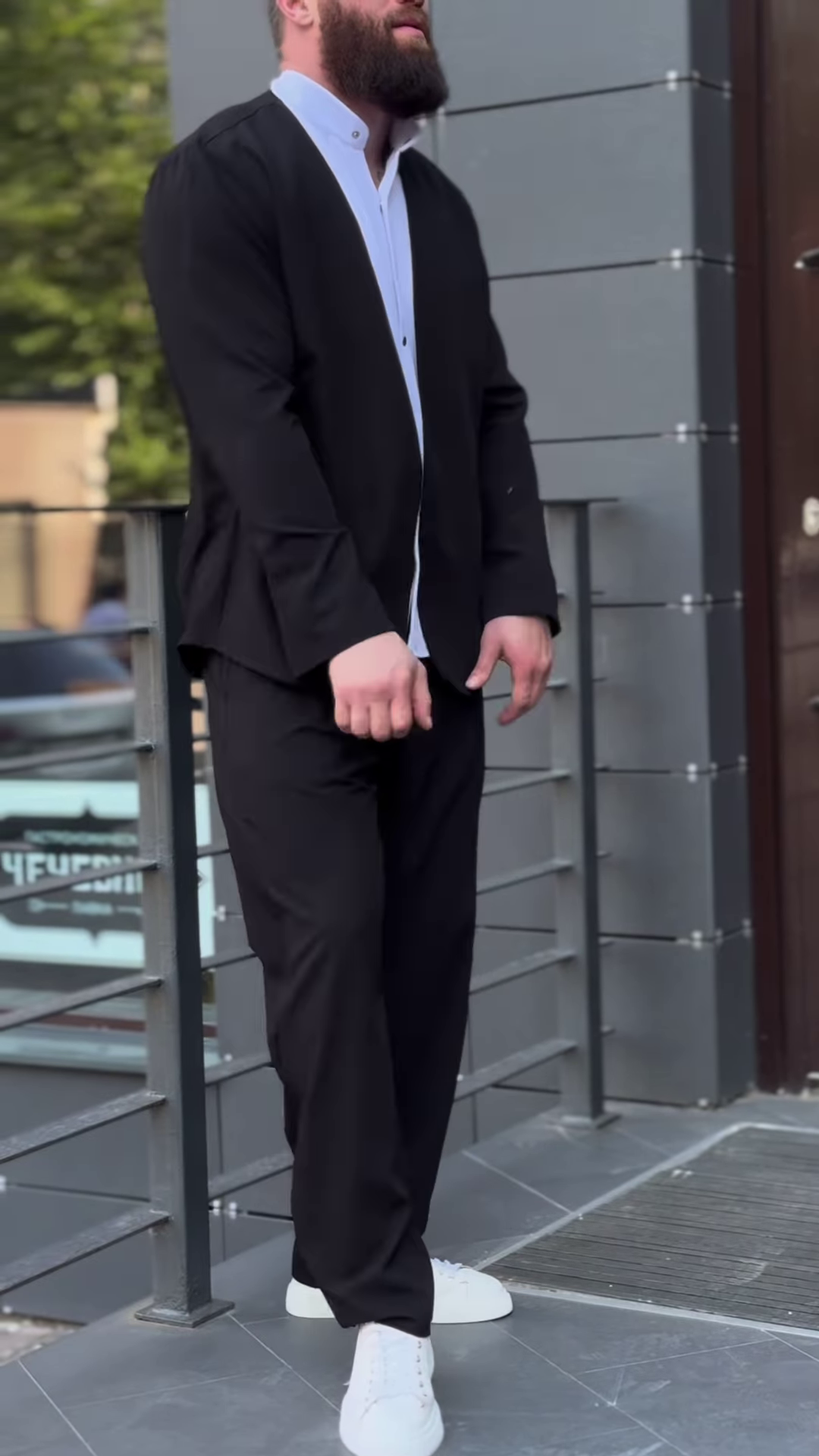 Men’s Black Stretchable Button-Up Shirt with Gray Pants – Comfort-Fit Ethnic Fusion Ensemble for Everyday Styling - Image 3