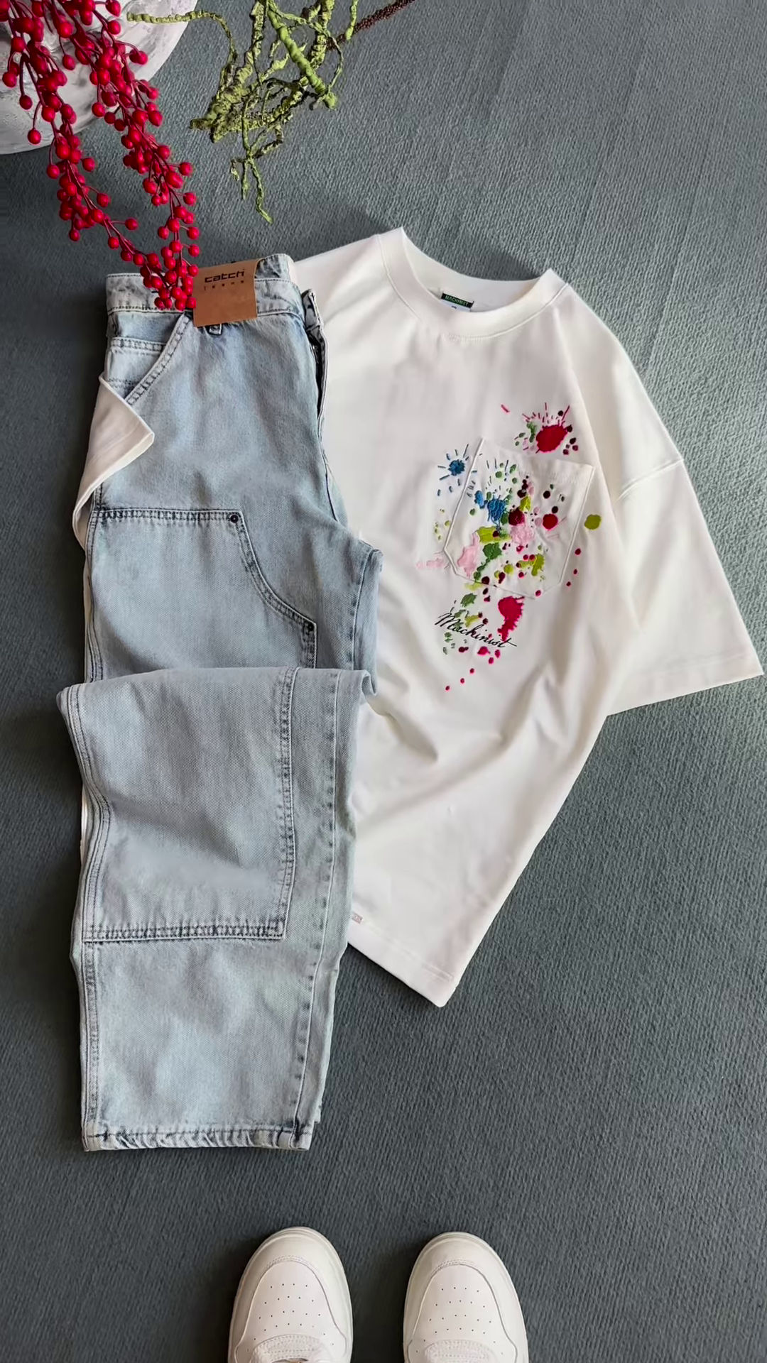 Unisex White & Beige T-Shirts with Colorful Paint Splatter and Pocket Embroidery – Artistic Casualwear for Everyday Styling - Image 3