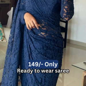 Women’s Dark Blue Lace Saree with Floral Patterns & Matching Blouse – Ready-to-Wear Ethnic Ensemble Styled with Beaded Necklace