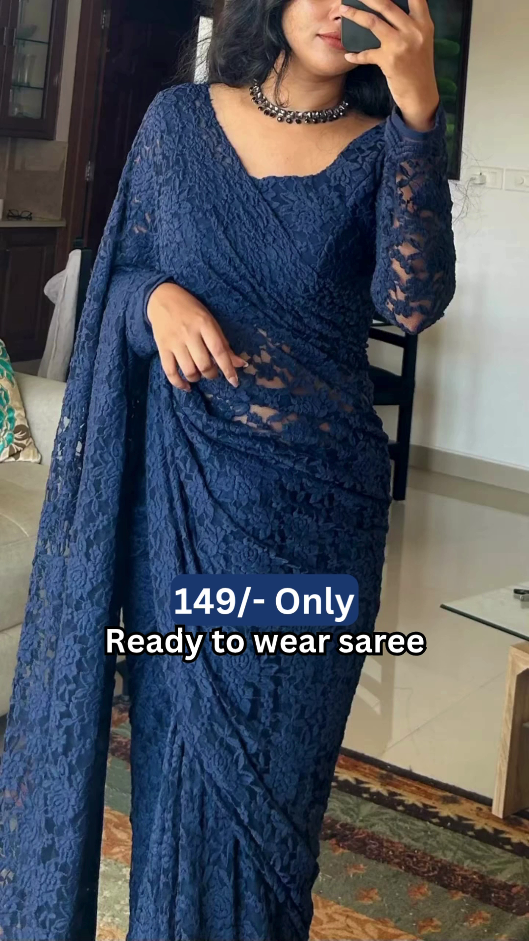 Women’s Dark Blue Lace Saree with Floral Patterns & Matching Blouse – Ready-to-Wear Ethnic Ensemble Styled with Beaded Necklace