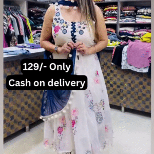 Women’s White Floral Printed Dress with Blue Sash & Pom-Pom Accents – Boutique Ethnicwear Styled with Beige Heels