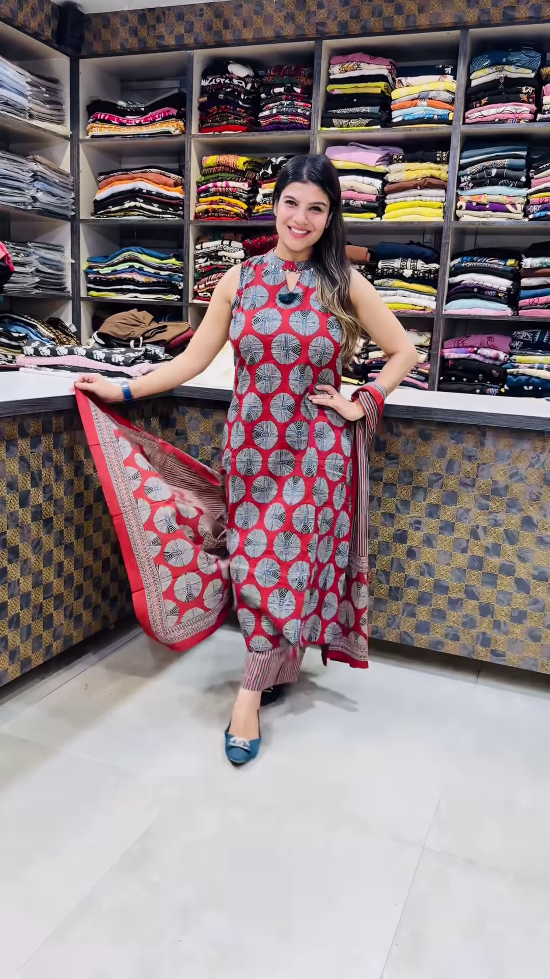 Women’s Sleeveless Black Dress with Red Circular Motifs & Keyhole Neckline – Boutique Ethnicwear Styled with Matching Fabric Accent - Image 2